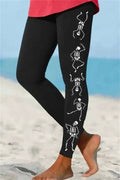 Women's Halloween Black Skeleton Print Elastic Waist Ankle Length Leggings