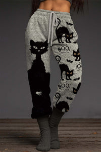 Women's Halloween Grey Black Cat Bat Print Drawstring Waist Jogger Pants