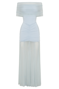 Caspian Slinky Mesh Off-Shoulder Maxi Dress in Pale Blue