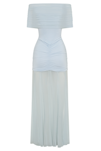 Caspian Slinky Mesh Off-Shoulder Maxi Dress in Pale Blue