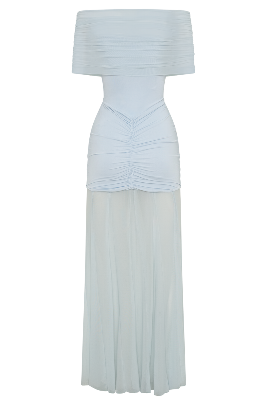 Caspian Slinky Mesh Off-Shoulder Maxi Dress in Pale Blue