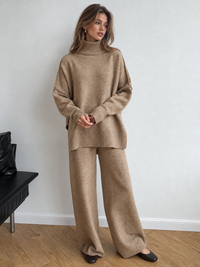 Plain Turtleneck Knit Pants Set