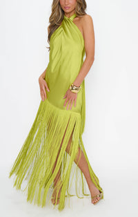 Jasmine Fringe Maxi Dress ~ Chartreuse Luxe Satin