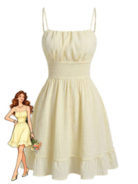 Beige 1960s Solid Ruched Textured Spaghetti Strap Mini Dress