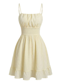 Beige 1960s Solid Ruched Textured Spaghetti Strap Mini Dress
