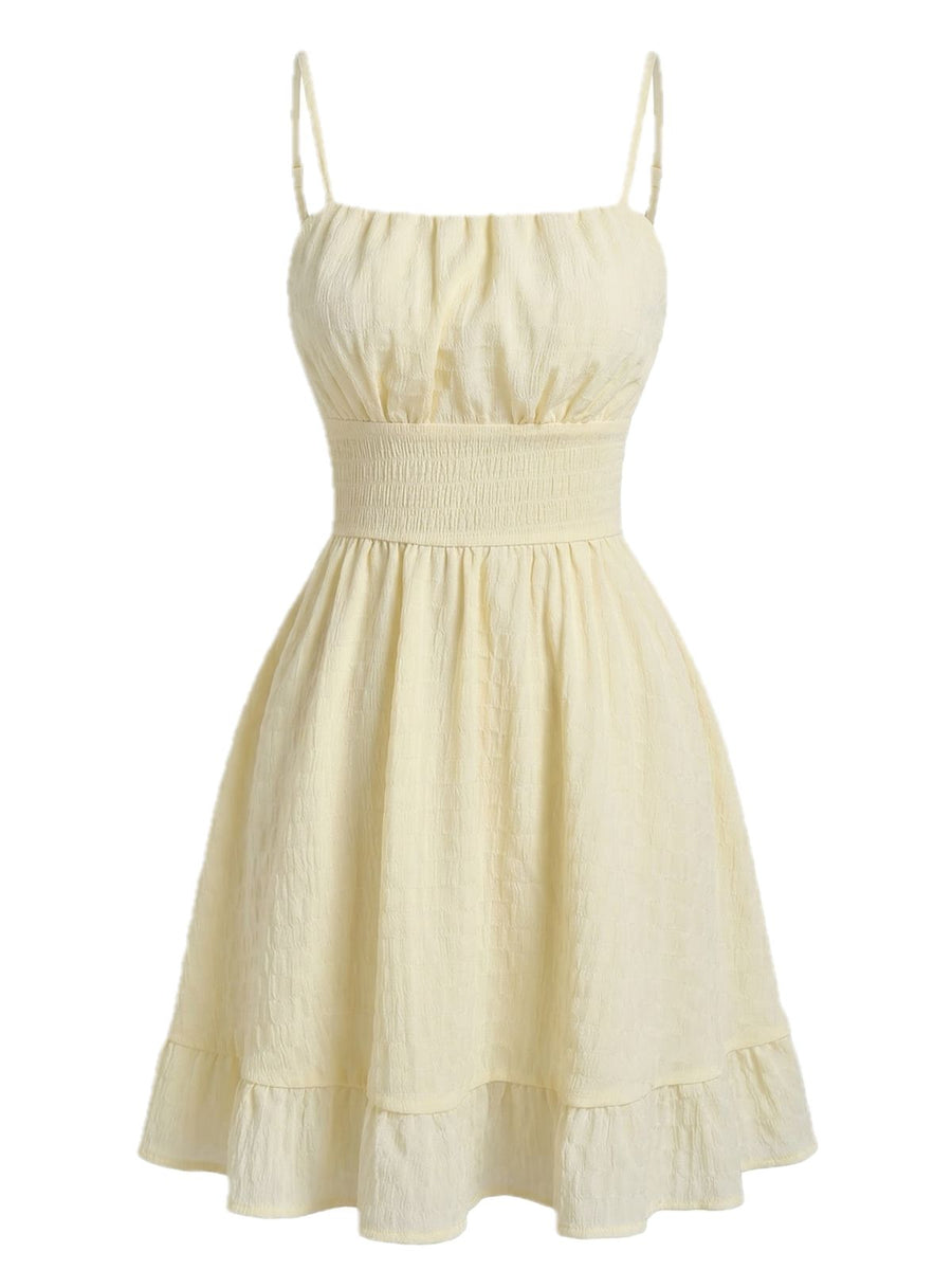 Beige 1960s Solid Ruched Textured Spaghetti Strap Mini Dress