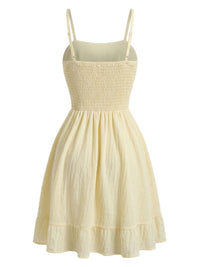 Beige 1960s Solid Ruched Textured Spaghetti Strap Mini Dress