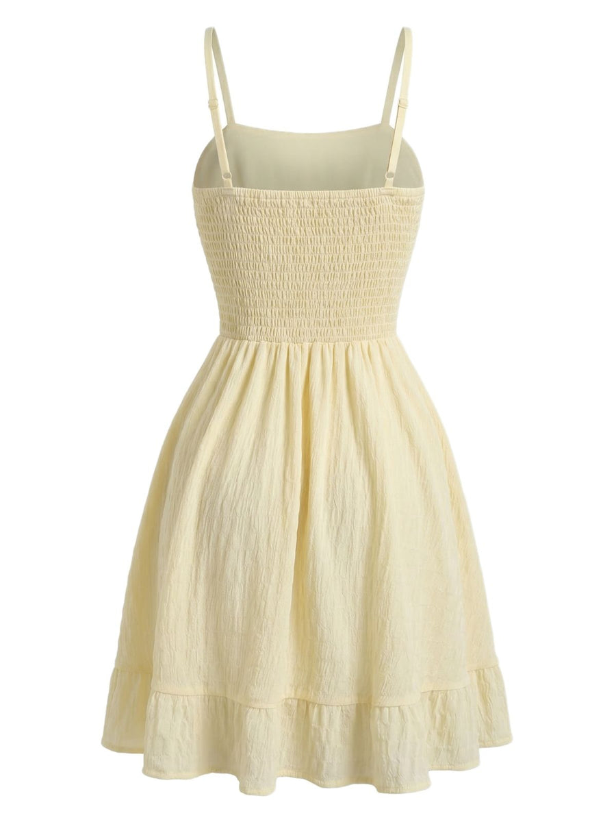 Beige 1960s Solid Ruched Textured Spaghetti Strap Mini Dress