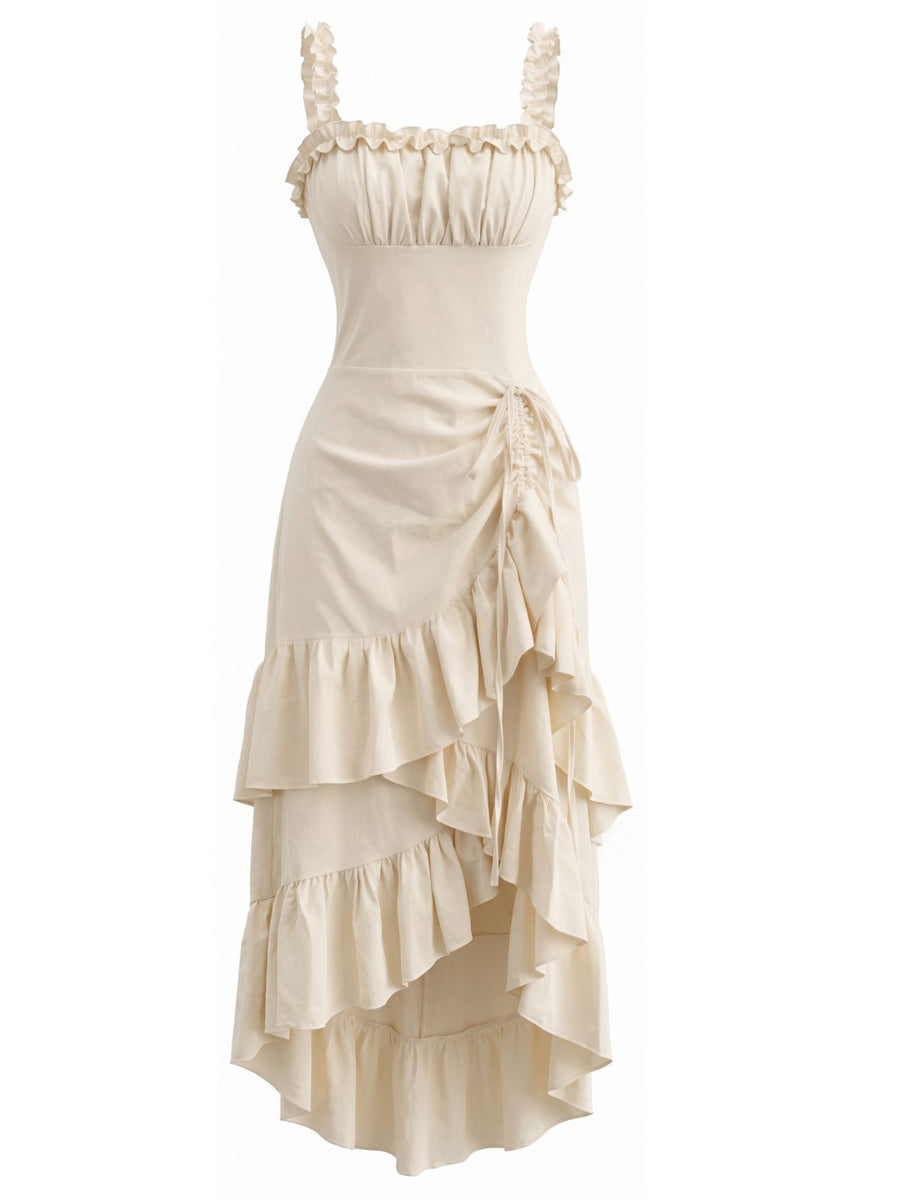 Beige 1980s Solid Ruffled Hem Suspender Dress