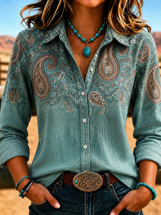 Women Plain Vintage Shirt Shirt Collar Long Sleeve Printing Top