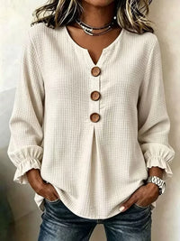 Women Plain Casual Blouse V Neck Long Sleeve Top