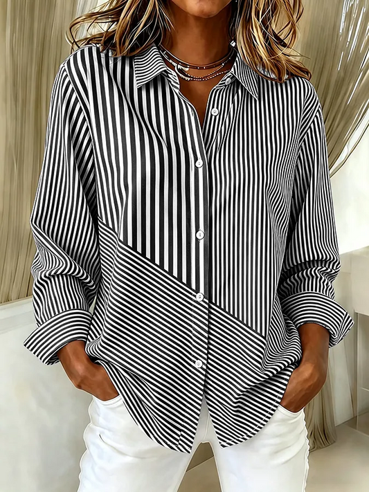 Women Striped Casual Shirt Shirt Collar Long Sleeve Buckle Top