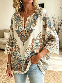 Women's Casual Tribal Crochet Cutout Blouse