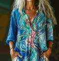 Women's Abstract Line Art Print Cotton And Linen Shirt