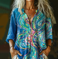 Women's Abstract Line Art Print Cotton And Linen Shirt