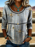 Women's Vintage Print Casual Hollow Denim Shirt