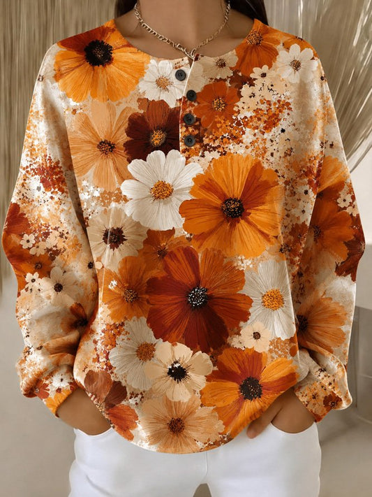 Casual Daily Floral Henley Collar Long Sleeve Sweatshirt