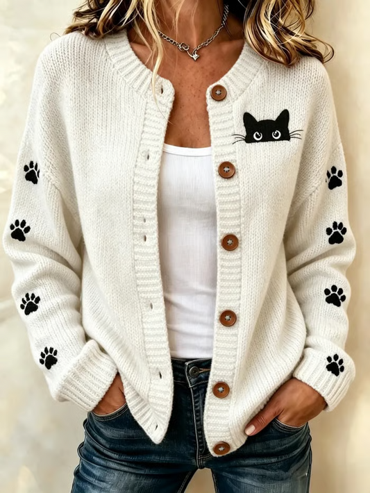 Women Cat Long Sleeve Comfy Vintage Printing Cardigan