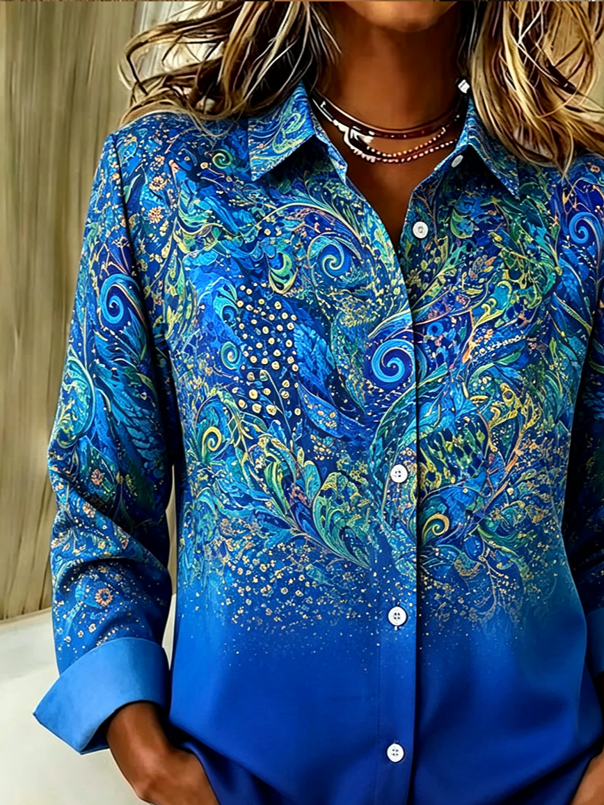 Women Peacock Casual Shirt Shirt Collar Long Sleeve Buckle Top