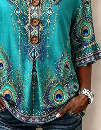 Women Floral Elegant Casual Blouse V Neck Half Sleeve Top
