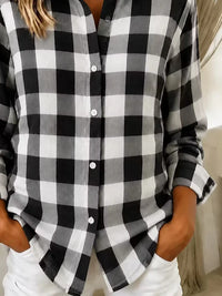 Women Plaid Casual Simple Shirt Shirt Collar Long Sleeve Buckle Top