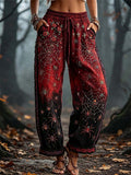 Women's Halloween Red Black Spider Web Rose Print Drawstring Elastic Waist Long Pants
