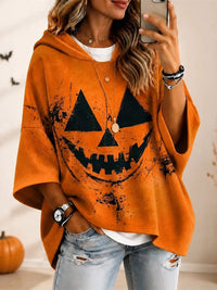 Women's Halloween Orange Pumpkin Face Print 3/4 Sleeve Hoodie