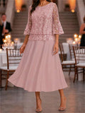 Women's Dusty Pink Leaf Lace Print Round Neck 3/4 Sleeve Midi Dress