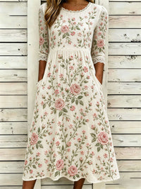 Women's Beige Rose Floral Print Lace Trim Round Neck 3/4 Sleeve Midi Dress