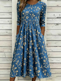 Women's Blue Floral Printed Round Neck 3/4 Sleeve Midi Dress
