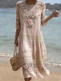 Women's Pink Floral Lace Embroidered Round Neck 3/4 Sleeve Midi Dress