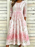 Women's Pink Gradient Floral Embroidered Lace Round Neck 3/4 Sleeve Midi Dress