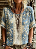 Women's Vintage Blue Daisy Embroidered Lace Panel Round Neck Short Sleeve Blouse
