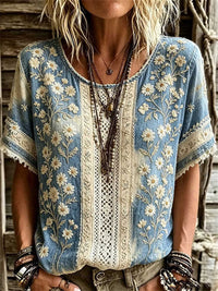 Women's Vintage Blue Daisy Embroidered Lace Panel Round Neck Short Sleeve Blouse
