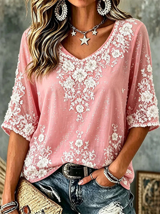Women's Pink Floral Lace Embroidered V Neck 3/4 Sleeve Blouse