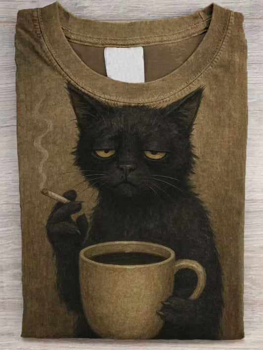 Women's Khaki Funny Cat Print Round Neck Short Sleeve Tee