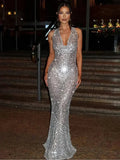 Chic Sparkling Sequin Women's Backless Maxi Sexy Deep Party Dress