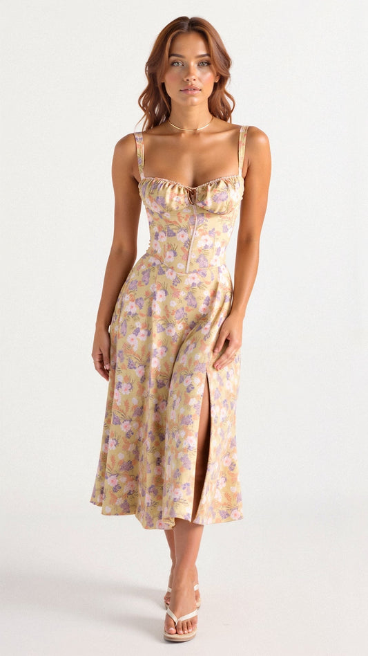Birgit | Women's Corset Midi Dress with Flowing Skirt