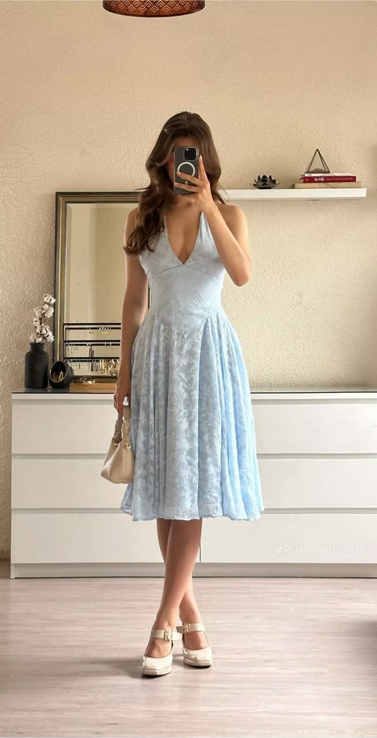 Cute A line Halter Blue Summer Knee Length Holiday Dress Hoco Dress 18th Birthday Outfit Cocktail Dresses HZ1121