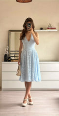 Cute A line Halter Blue Summer Knee Length Holiday Dress Hoco Dress 18th Birthday Outfit Cocktail Dresses HZ1121