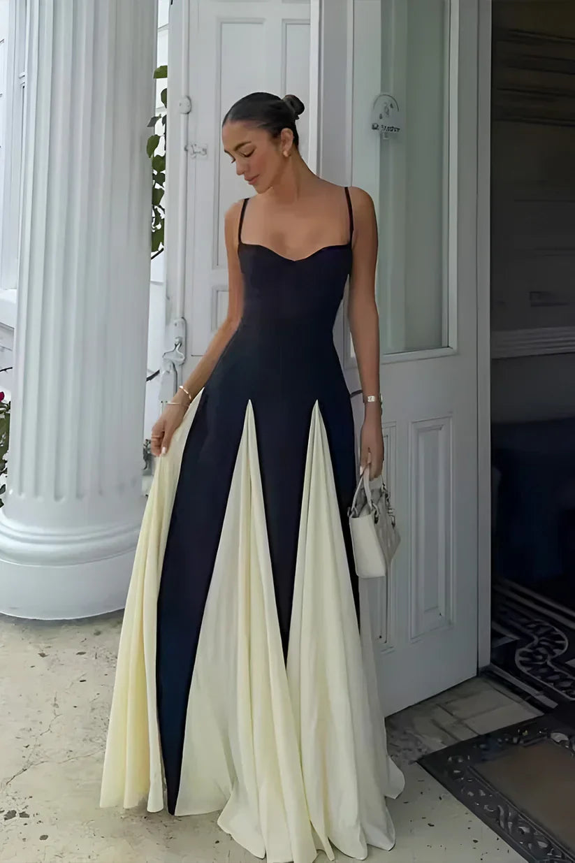 Elegant Pink A-Line Spaghetti Straps Black Satin Party Dress Long Prom Dresses