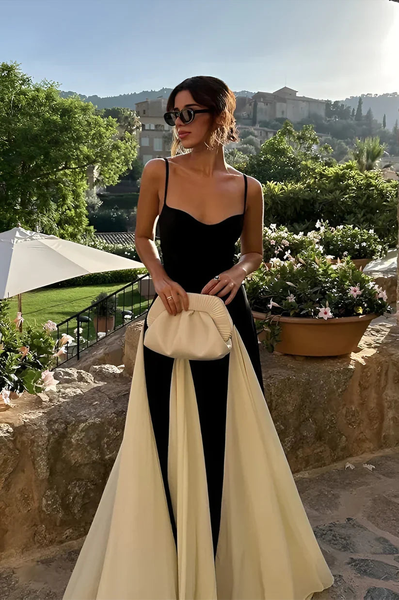 Elegant Pink A-Line Spaghetti Straps Black Satin Party Dress Long Prom Dresses HZ1214