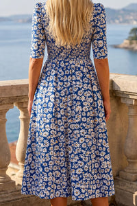 Women's Blue Floral Round Neck 3/4 Sleeves Maxi Dress