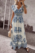 Blue and White Floral V Neck Flounce Sleeve Maxi Dress