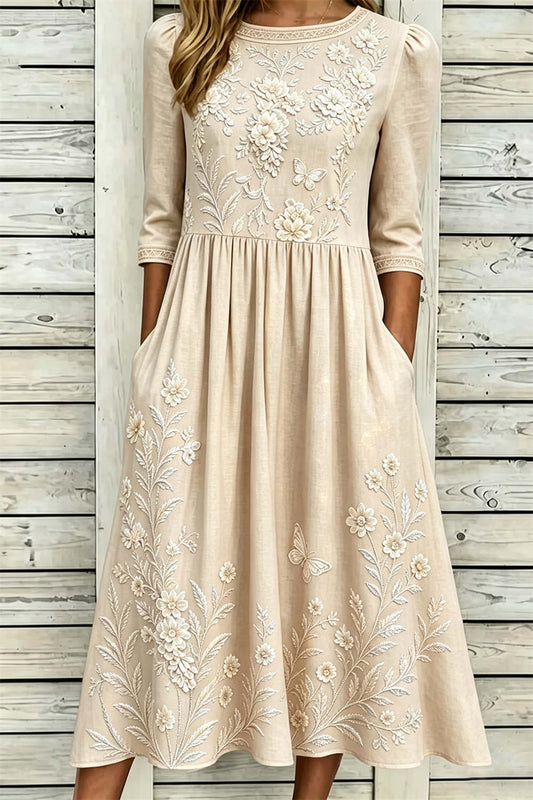 Women's Beige Floral Round Neck Three Quarter Sleeve Midi Dress