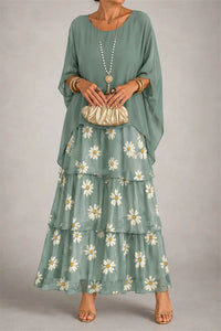 Women's Sage Green Daisy Round Neck Three Quarter Sleeve Two Piece Maxi Dress