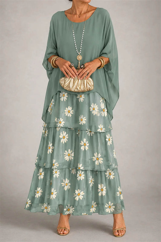 Women's Sage Green Daisy Round Neck Three Quarter Sleeve Two Piece Maxi Dress