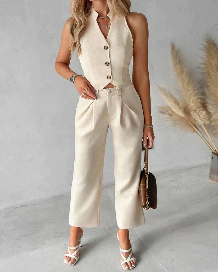 Women's Sleeveless Button-Front Waistcoat Wide Leg Trouser Set