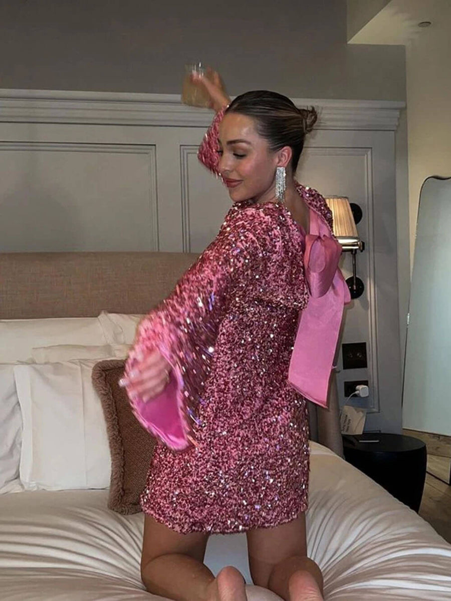 Janice | Women's Sequin Dress with Bow Tie Closure