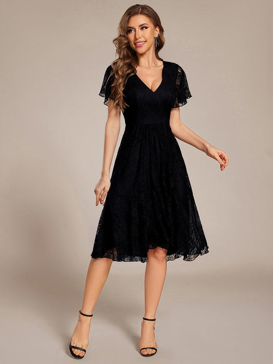 ever PALOMA|Ruffled Short Sleeves V-Neck A-Line Midi Wedding Guest Dress